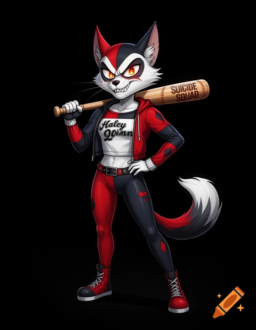 An anthropomorphic cat-like character with black and red fur and white face markings, dressed as Harley Quinn, holding a baseball bat over their shoulder, against a black background. The character has an angry, mischievous expression.