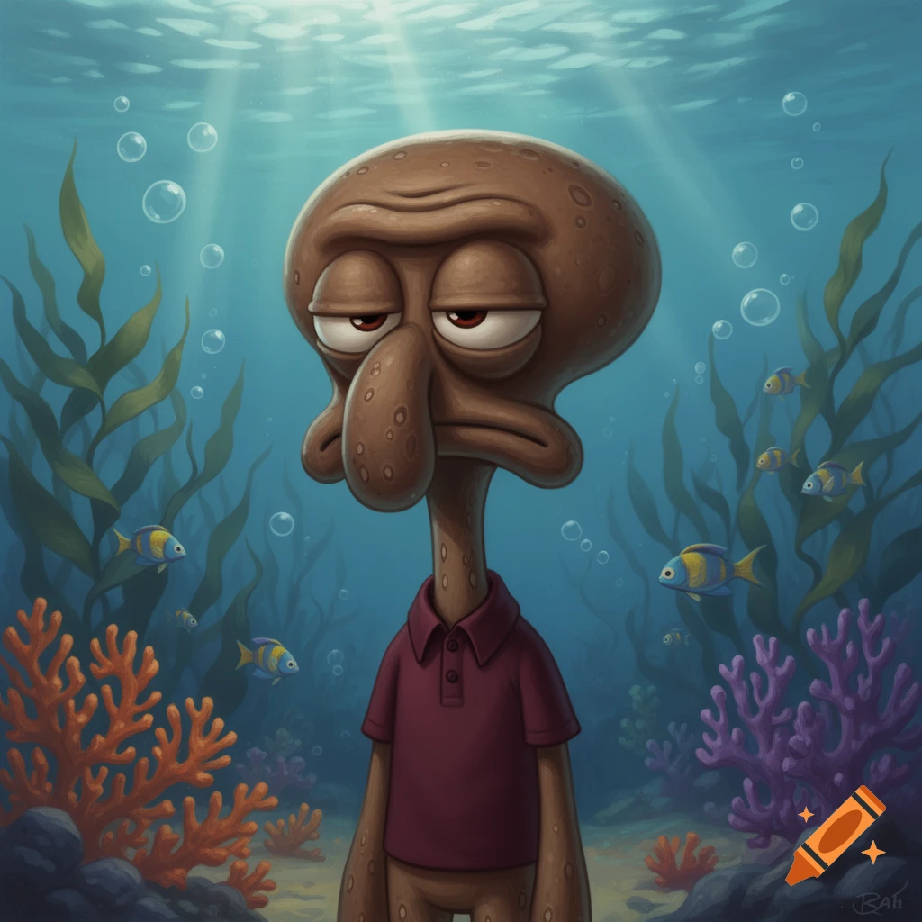 A brown, sad-looking Squidward Tentacles in a maroon polo shirt stands underwater surrounded by fish, kelp, and coral reefs, with sun rays piercing the surface.