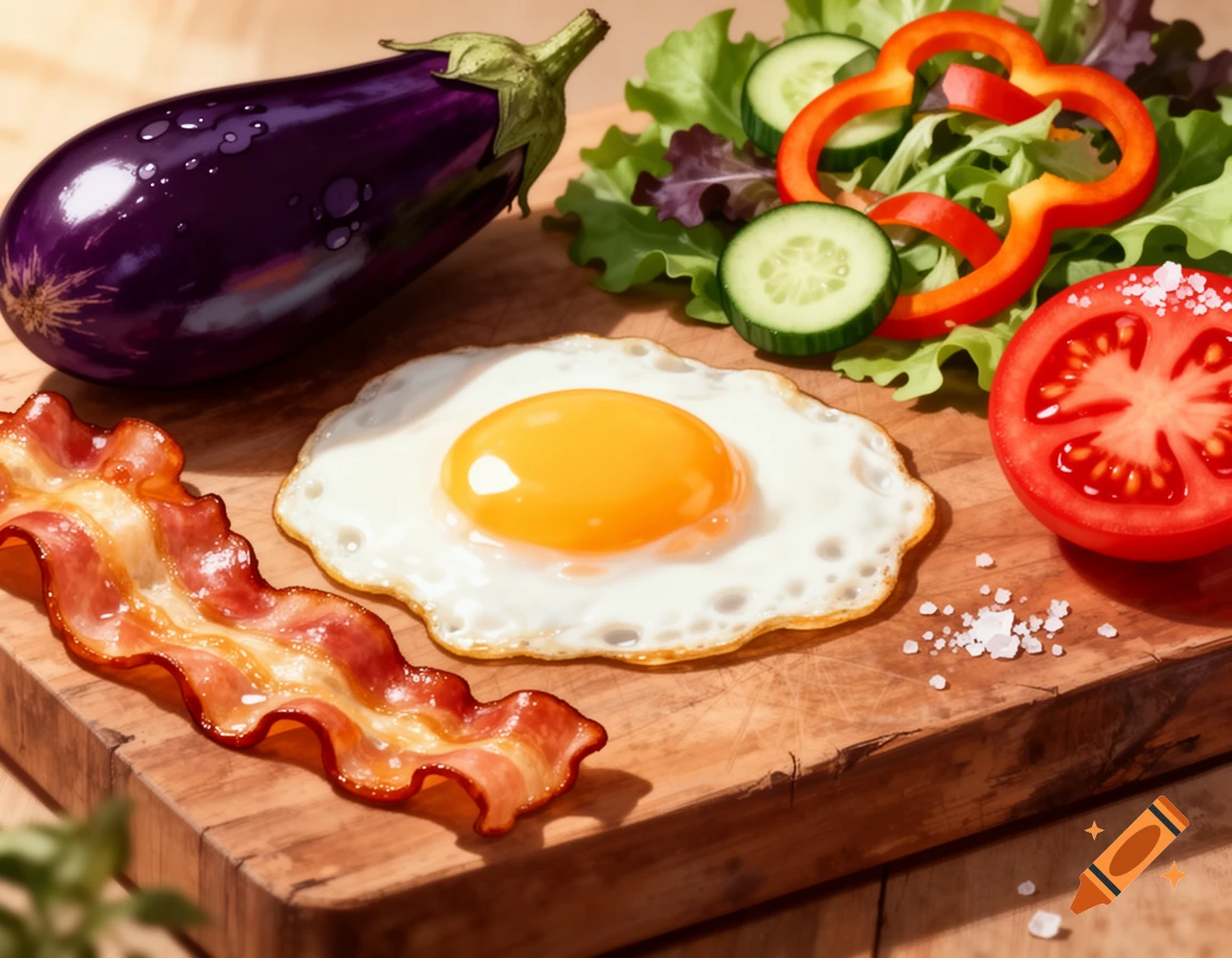 Photorealistic fried egg, crispy bacon, eggplant, fresh salad, and a tomato slice on a wooden cutting board with salt.