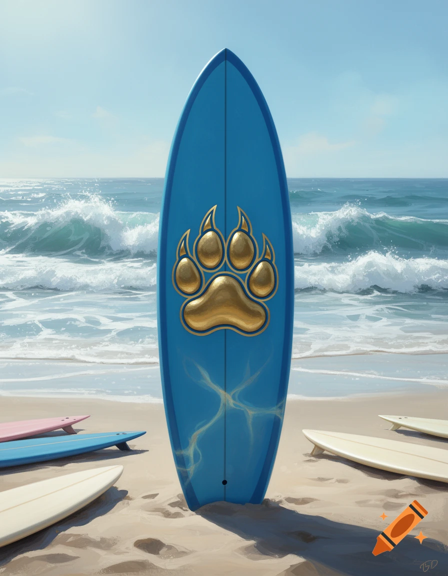 A blue surfboard with a gold panther paw design stands upright on a sandy beach, with ocean waves in the background and other surfboards lying nearby.
