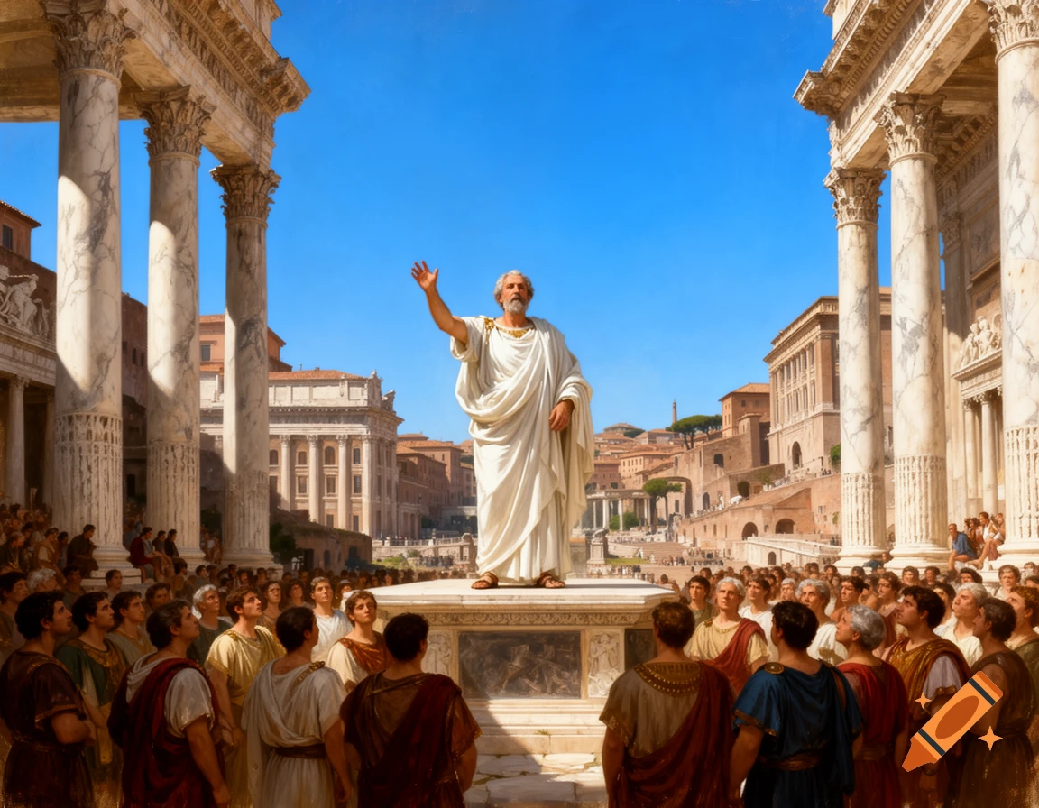 A white-robed Ancient Roman orator with arm raised speaks to a crowd in the Roman Forum, surrounded by marble columns under a clear blue sky.