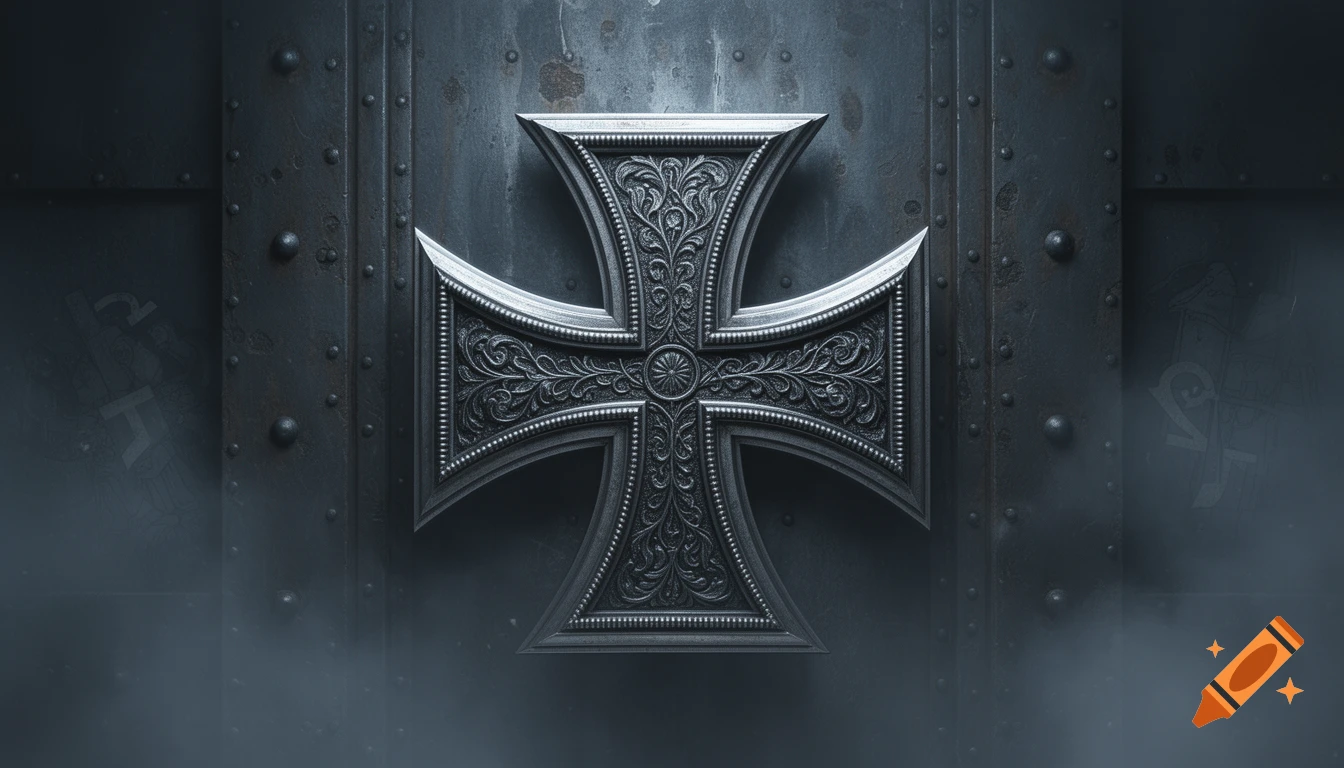 An ornate silver Iron Cross with floral patterns on a dark, riveted metal background in a photorealistic style.