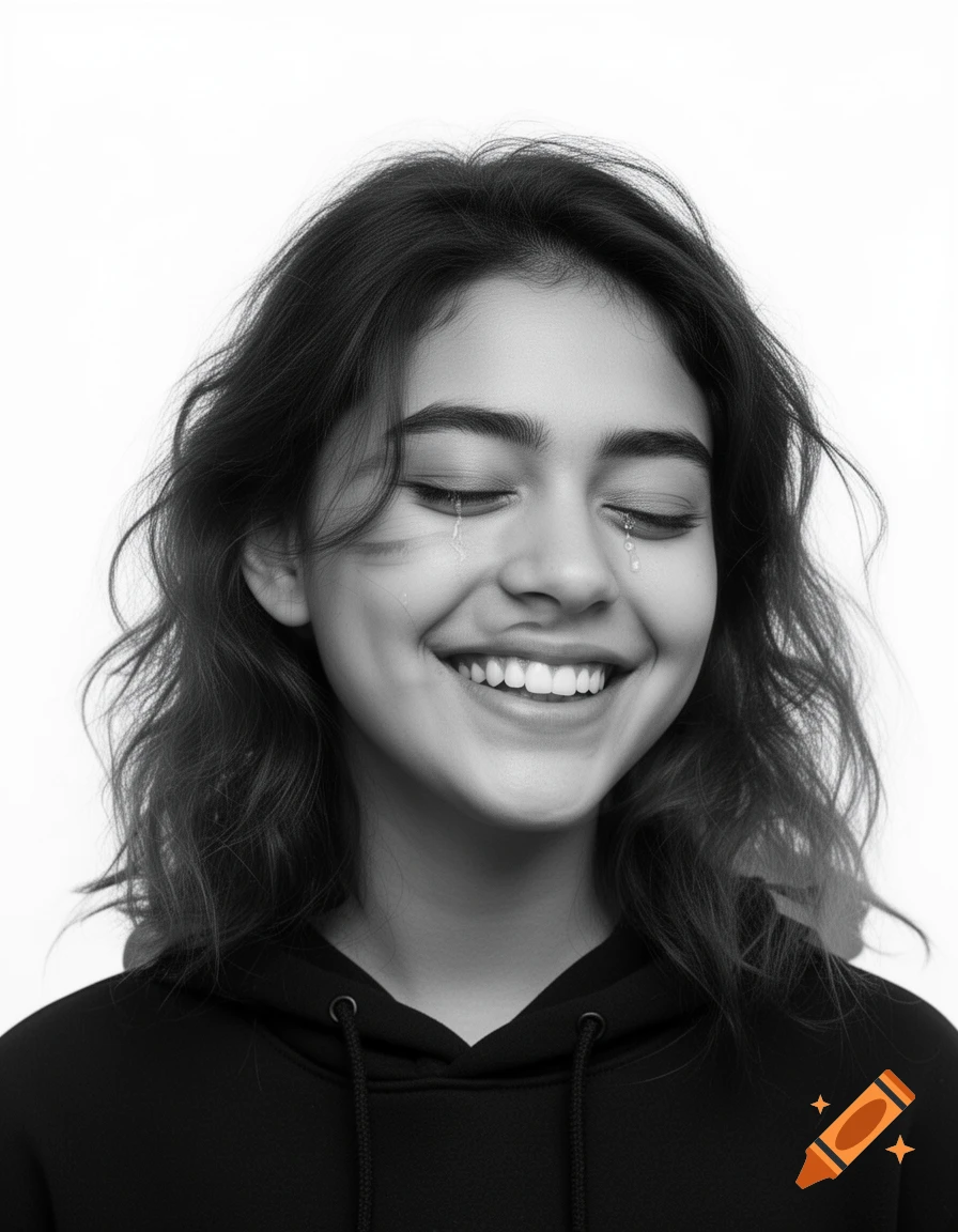 Black and white photorealistic double exposure portrait of a young woman smiling with closed eyes and subtly crying.