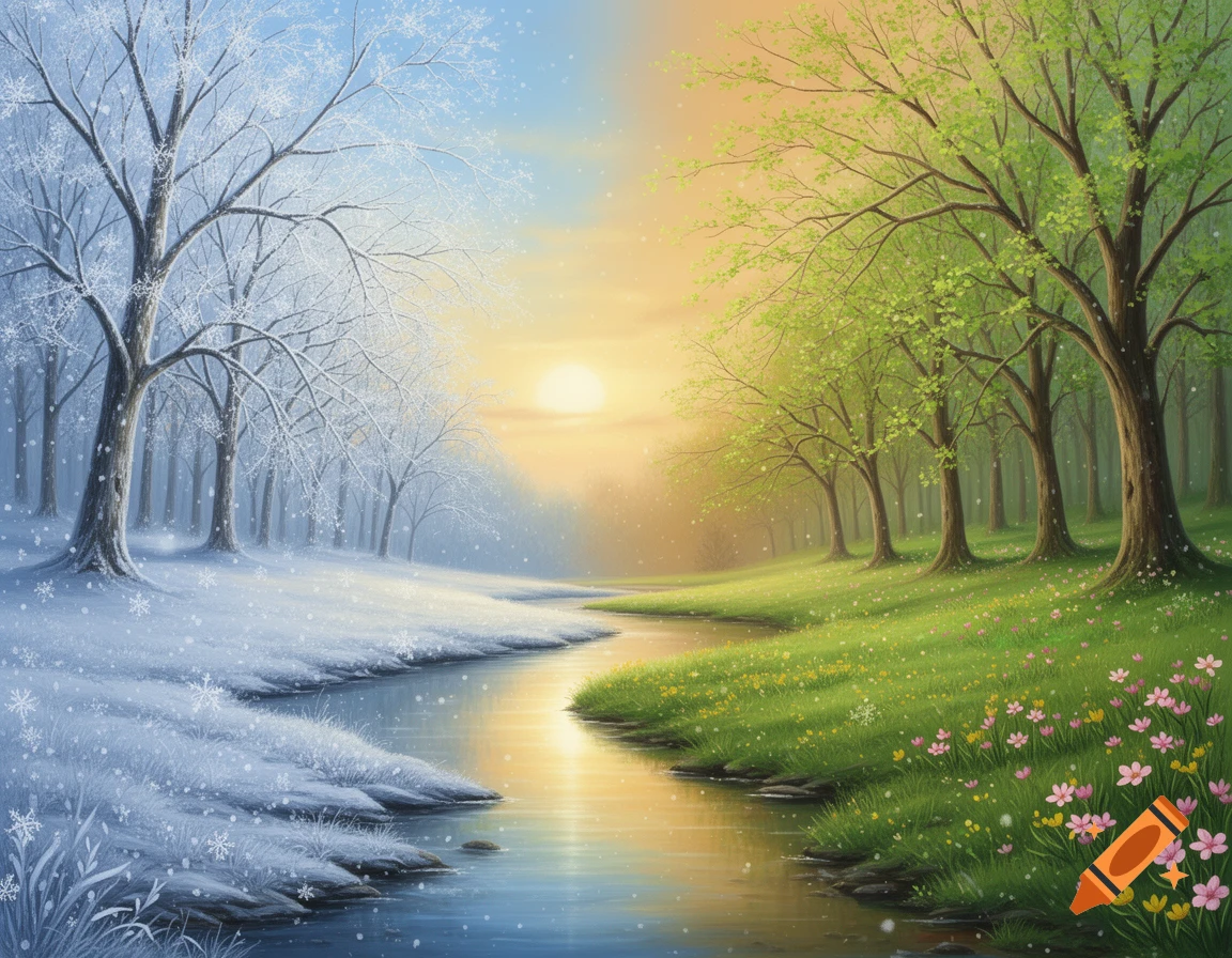 A river divides a landscape, with a snowy winter forest on the left and a lush spring forest with flowers on the right, under a sunrise.