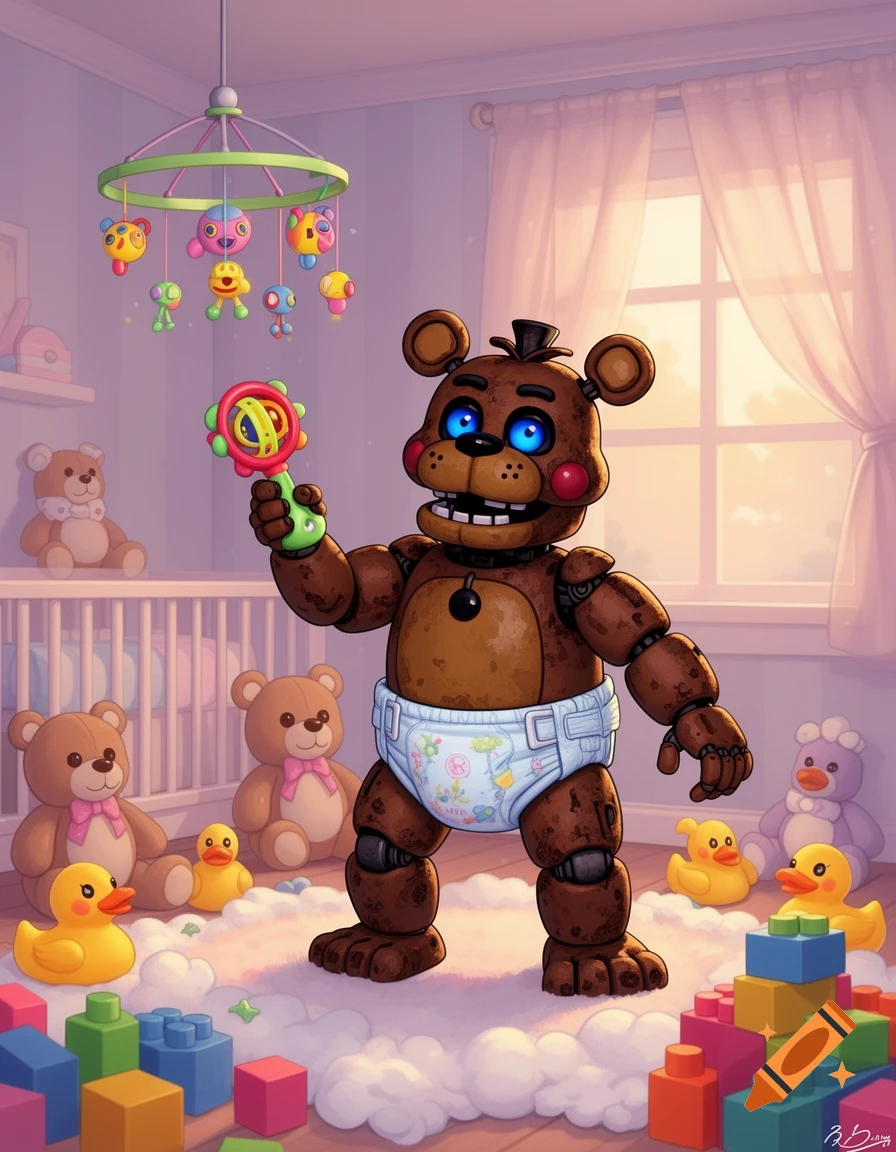 An illustration of Funtime Freddy, a brown animatronic bear, wearing a diaper and holding a baby rattle in a pastel nursery with teddy bears, rubber ducks, and building blocks.