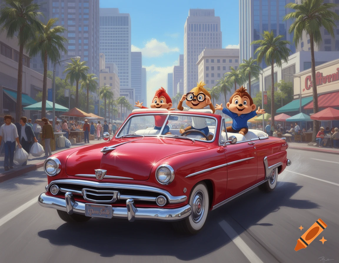 Alvin, Simon, and Theodore in a red classic convertible driven by Dave Seville on a sunny city street, cartoon style.
