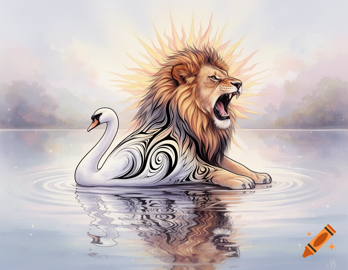 A stylized dual optical illusion of a roaring lion and a swan in calm water with a sunburst.
