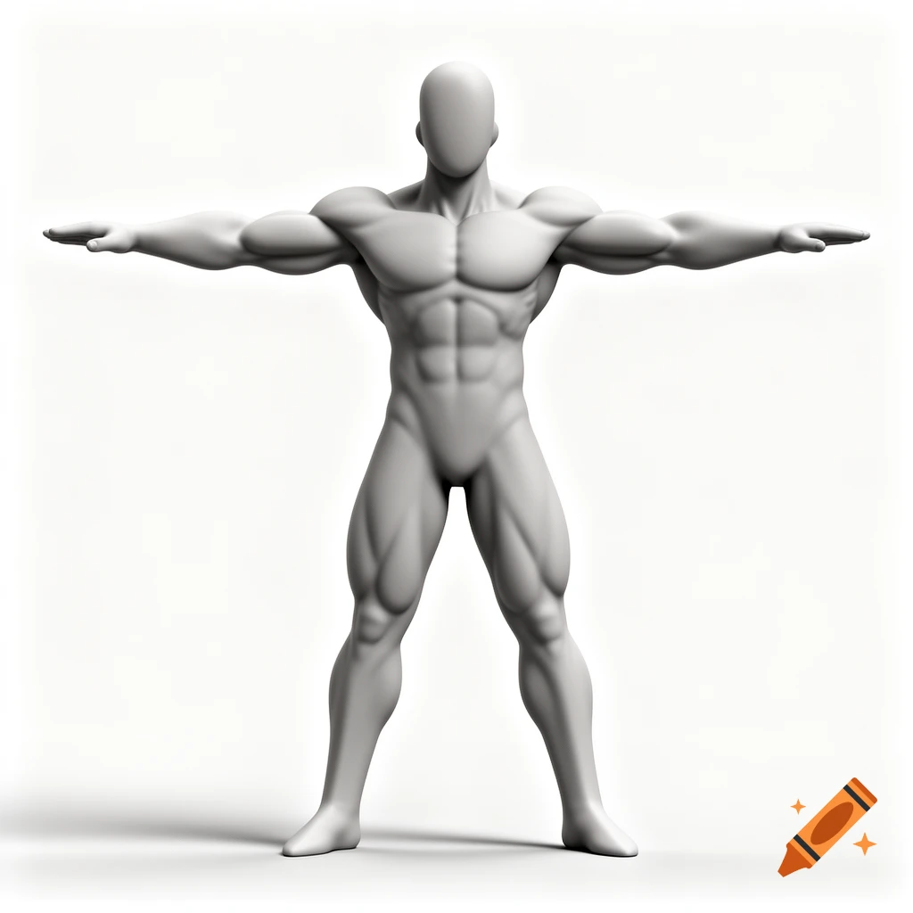 A grey 3D model of a muscular male figure in a T-pose, inspired by Dragon Ball style, on a white background.