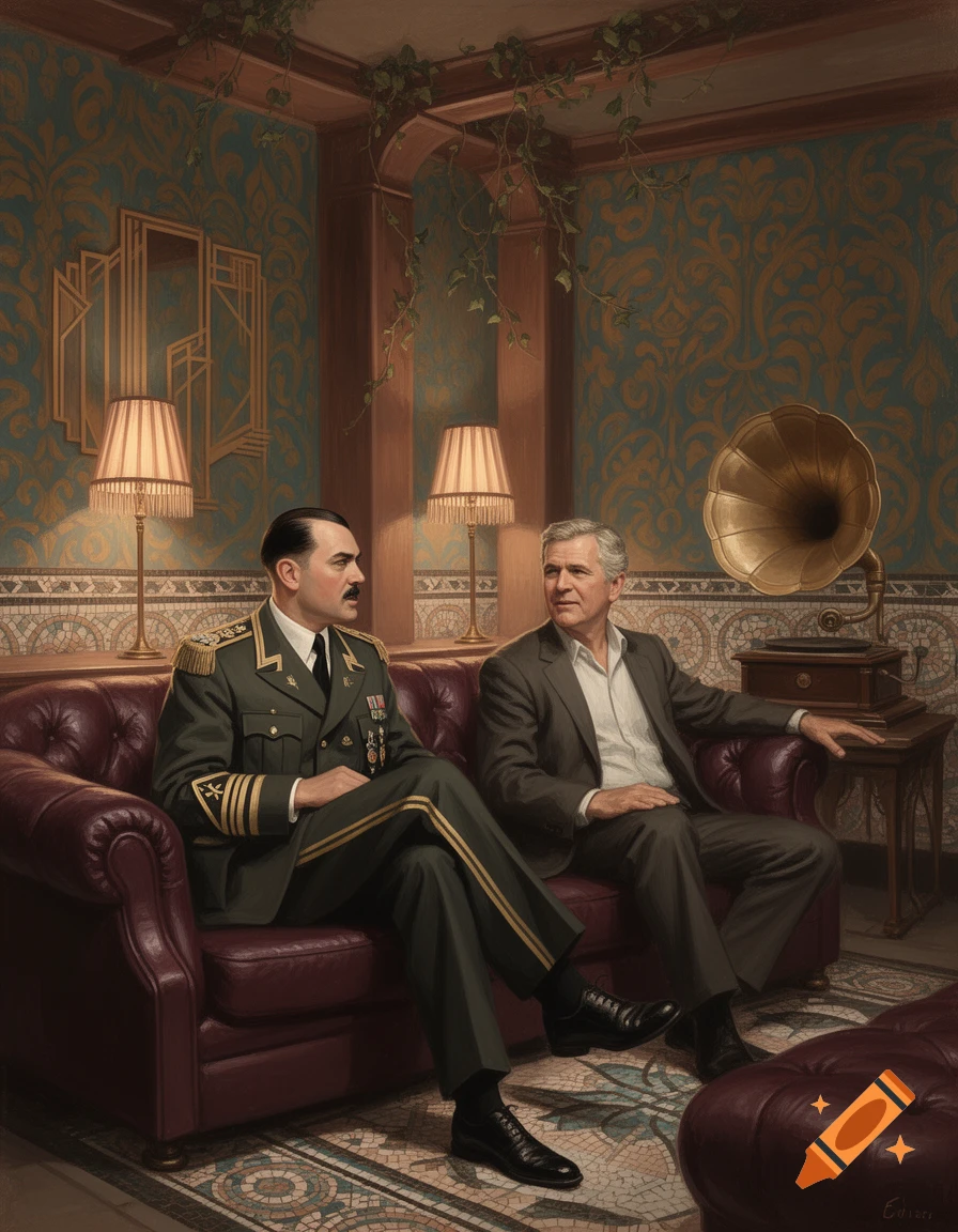 A man resembling Hitler in military uniform and a man resembling George W. Bush in a suit sit on a leather couch in an ornate room with a gramophone.