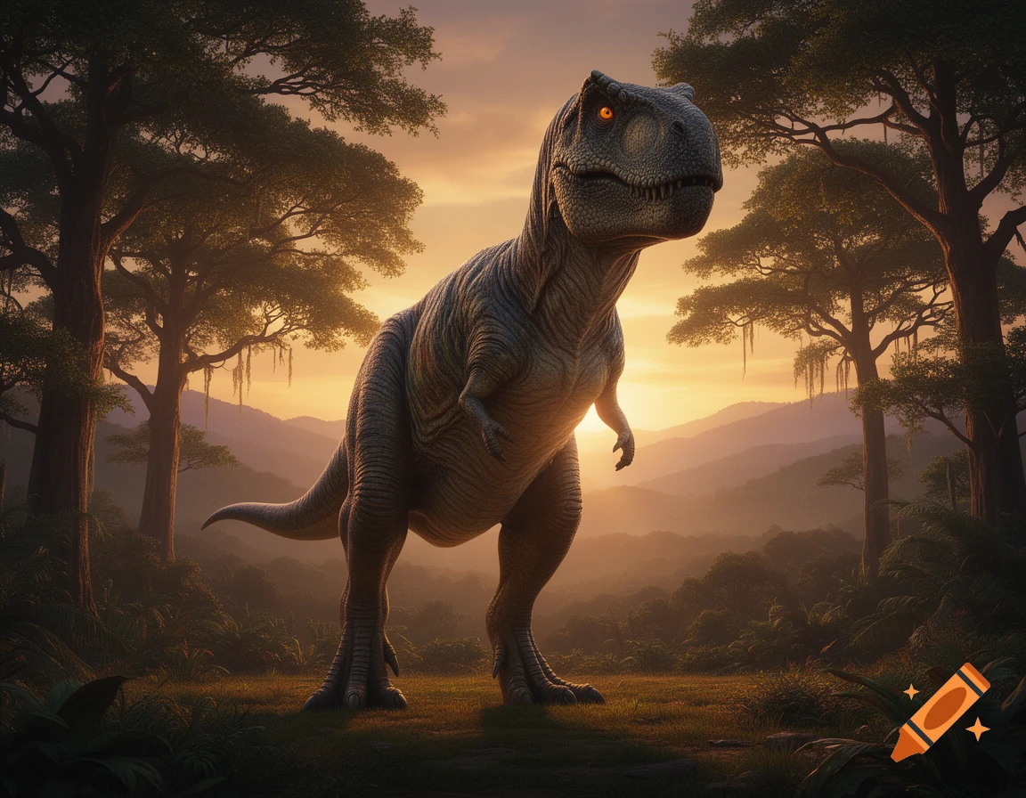 A large, photorealistic T-Rex stands in a lush jungle at sunset, its eyes glowing faintly.