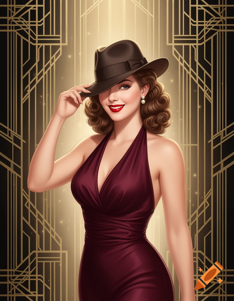 A smiling woman in a dark red halter dress and a fedora, against a golden Art Deco pattern background.