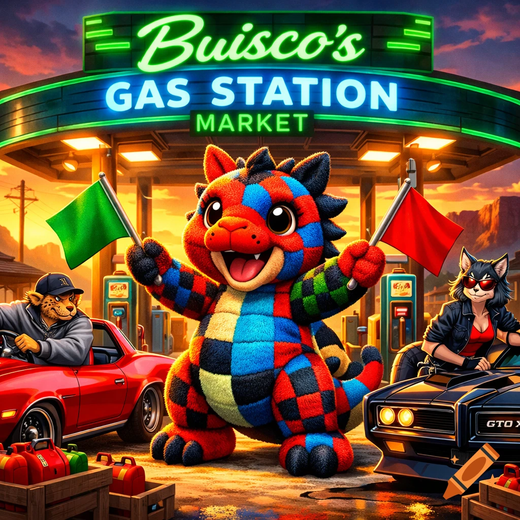 A colorful checkerboard plushie dragon holding flags stands between a red and a black muscle car at a neon-lit gas station. Two anthropomorphic drivers, a cheetah and a wolf, are in the cars at sunset.