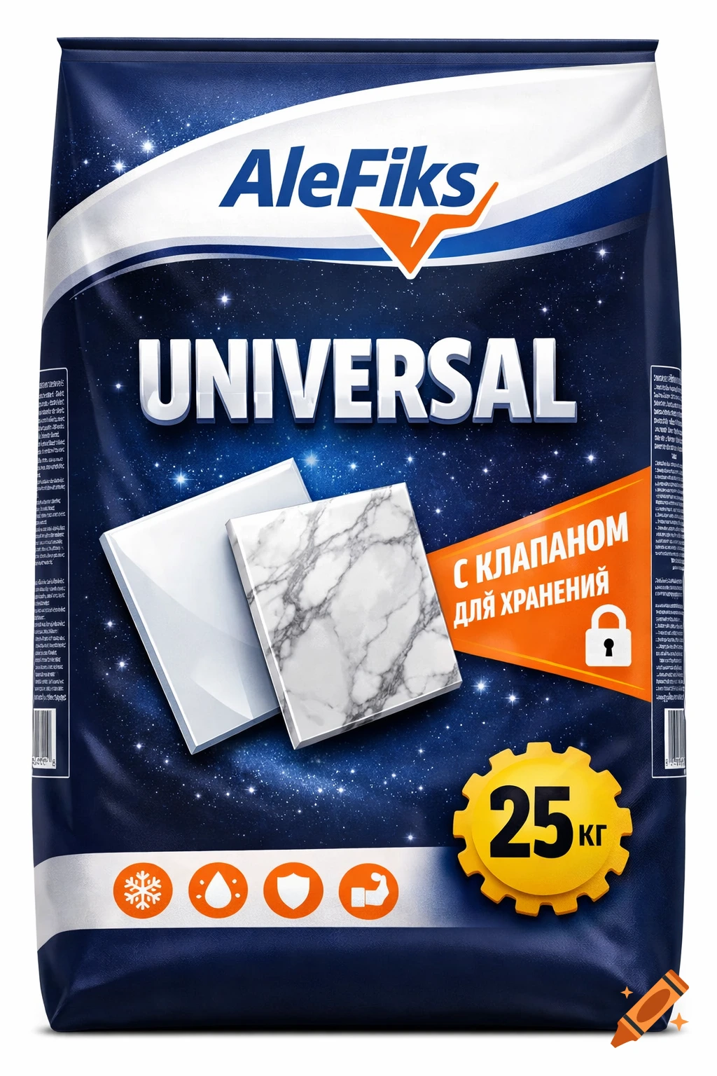 A blue and white bag of AleFiks Universal product with a starry background, featuring white and marble tiles, a '25 kg' yellow gear, and various icons.