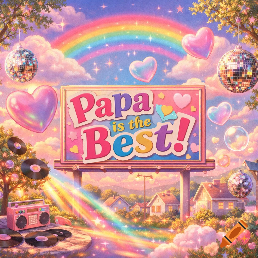 A whimsical, pastel landscape featuring a billboard that reads 'Papa is the Best!', surrounded by rainbows, hearts, disco balls, and a boombox with vinyl records.