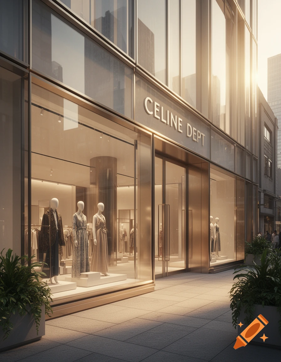 A modern storefront for 'CELINE DEPT' with mannequins in window displays, illuminated by warm sunlight.