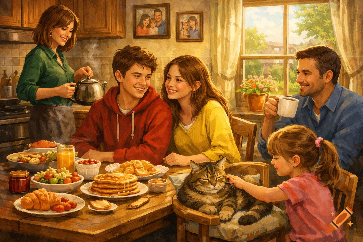 A happy family of five and their cat enjoy a breakfast spread in a brightly lit kitchen in a painted style.