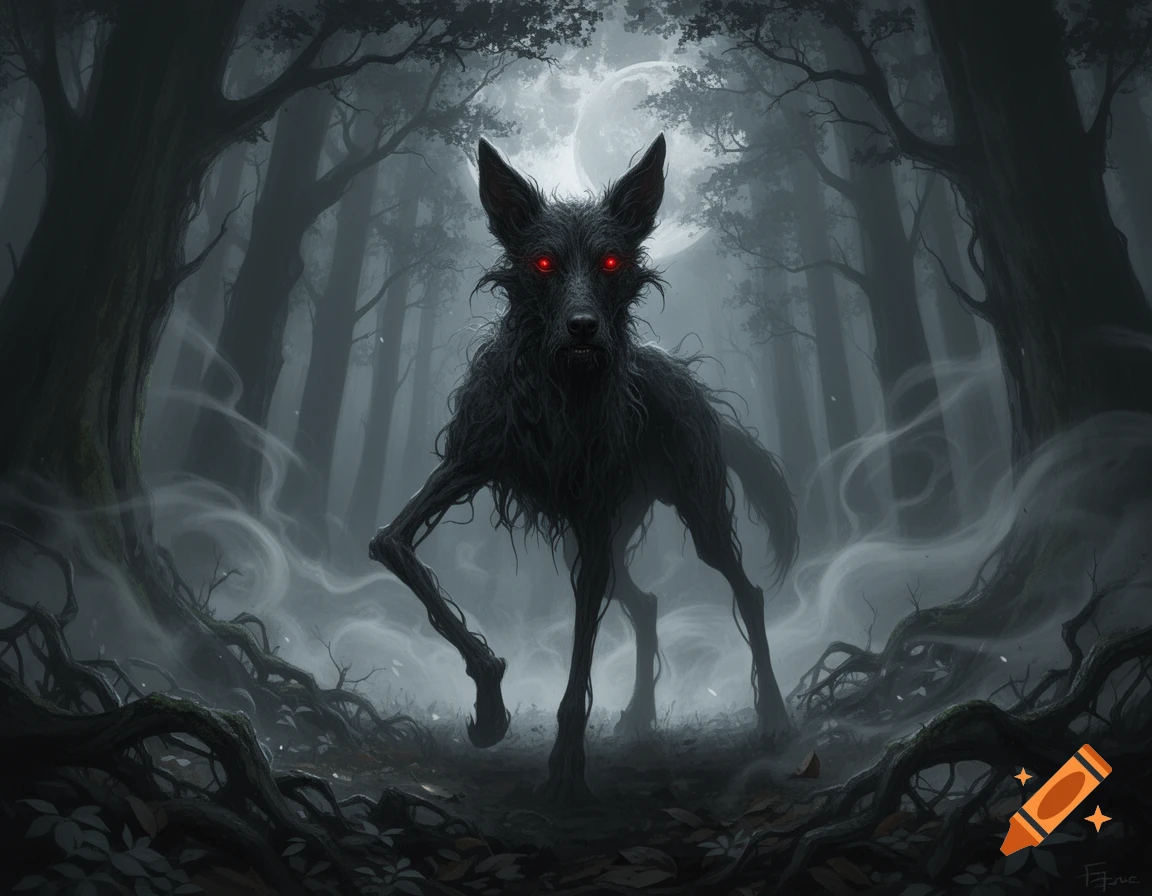 A gaunt, black, dog-like creature with glowing red eyes stands in a ...