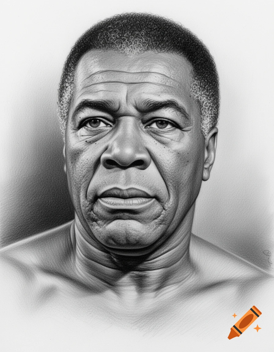 Black and white pencil portrait of an older Black man with a serious expression and short, curly hair.