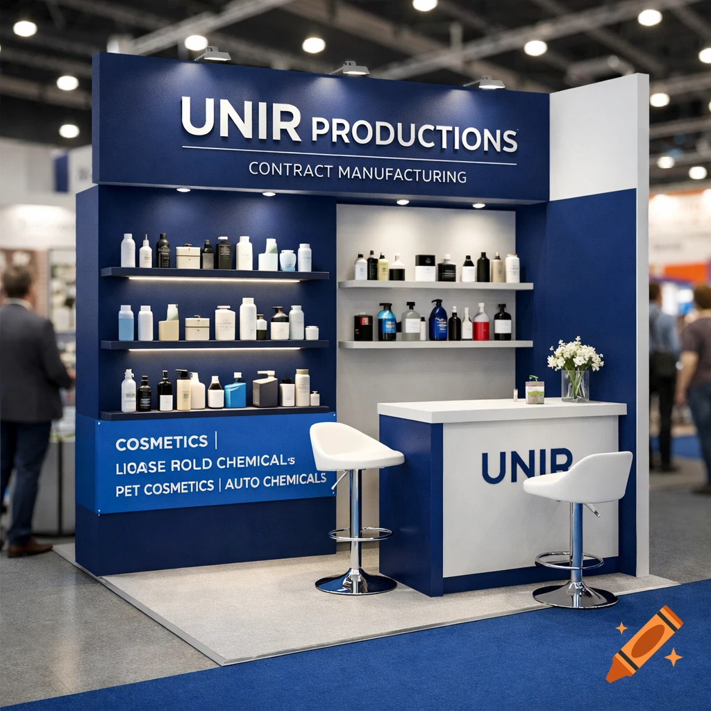 A modern trade show booth for UNIR PRODUCTIONS, featuring shelves of cosmetic and chemical product samples, a counter with two white bar stools, and blue branding.