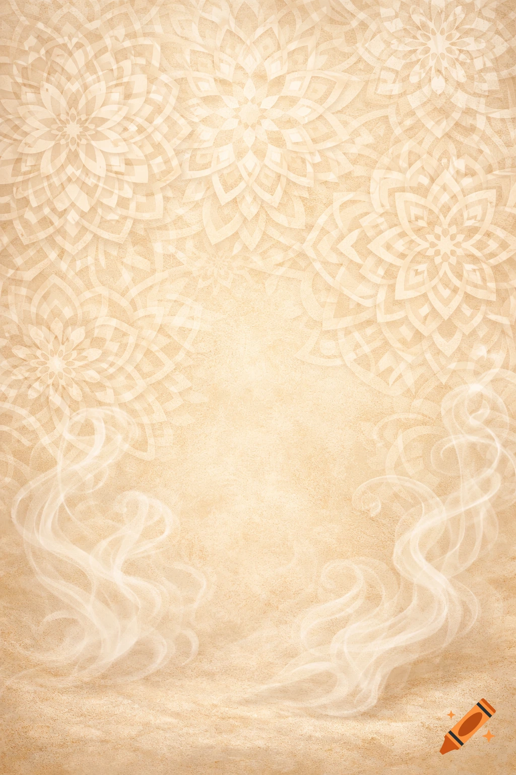 Creme textured background with subtle mandala-like patterns fading in at the top and white wisps of steam rising from the bottom.