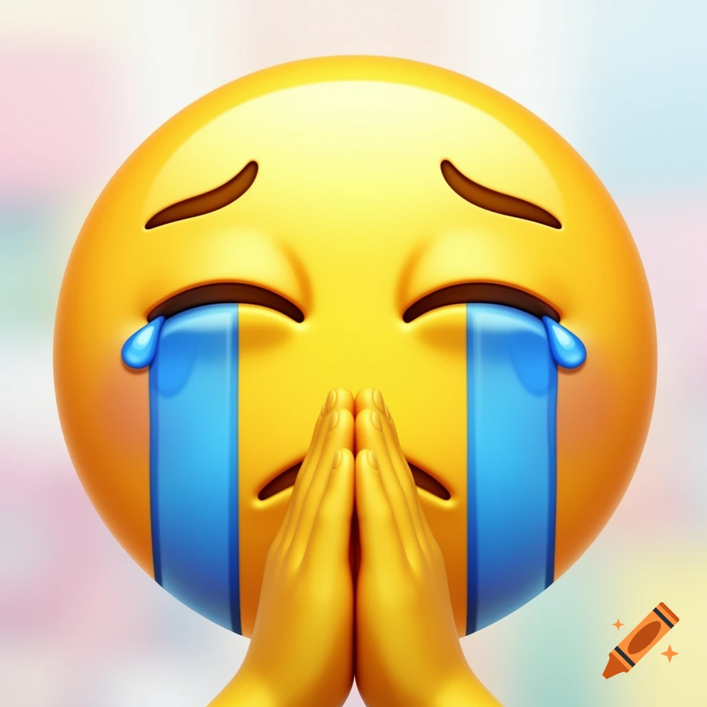 A 3D crying emoji with closed eyes and streams of blue tears, holding its yellow hands together in a prayer gesture below its face.