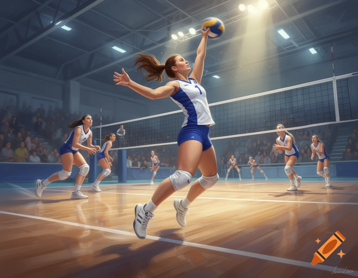 A female volleyball player with number 1 on her jersey jumps to spike a ball in a brightly lit indoor arena.