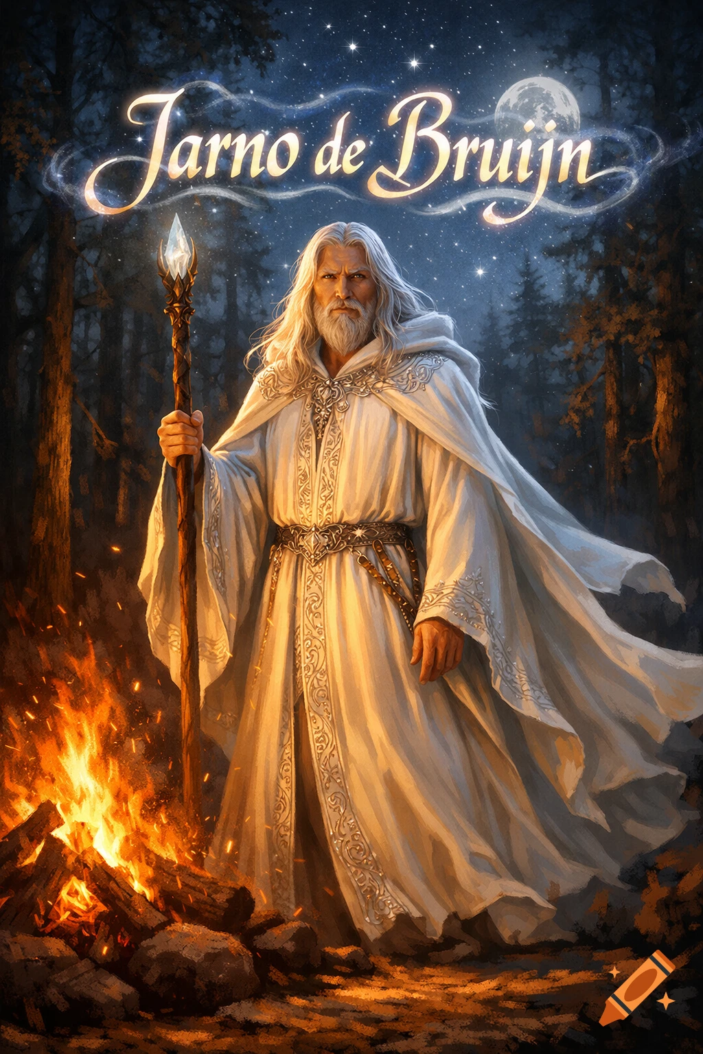 A majestic white-robed wizard with a staff stands by a roaring campfire in a dark forest under a starry night. The name 'Jarno de Bruijn' floats above him.