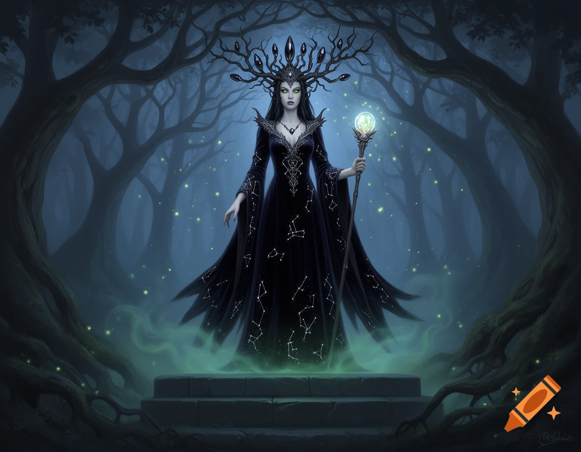 A majestic witch queen with an antler crown and glowing staff stands in a mystical, misty forest with fireflies.