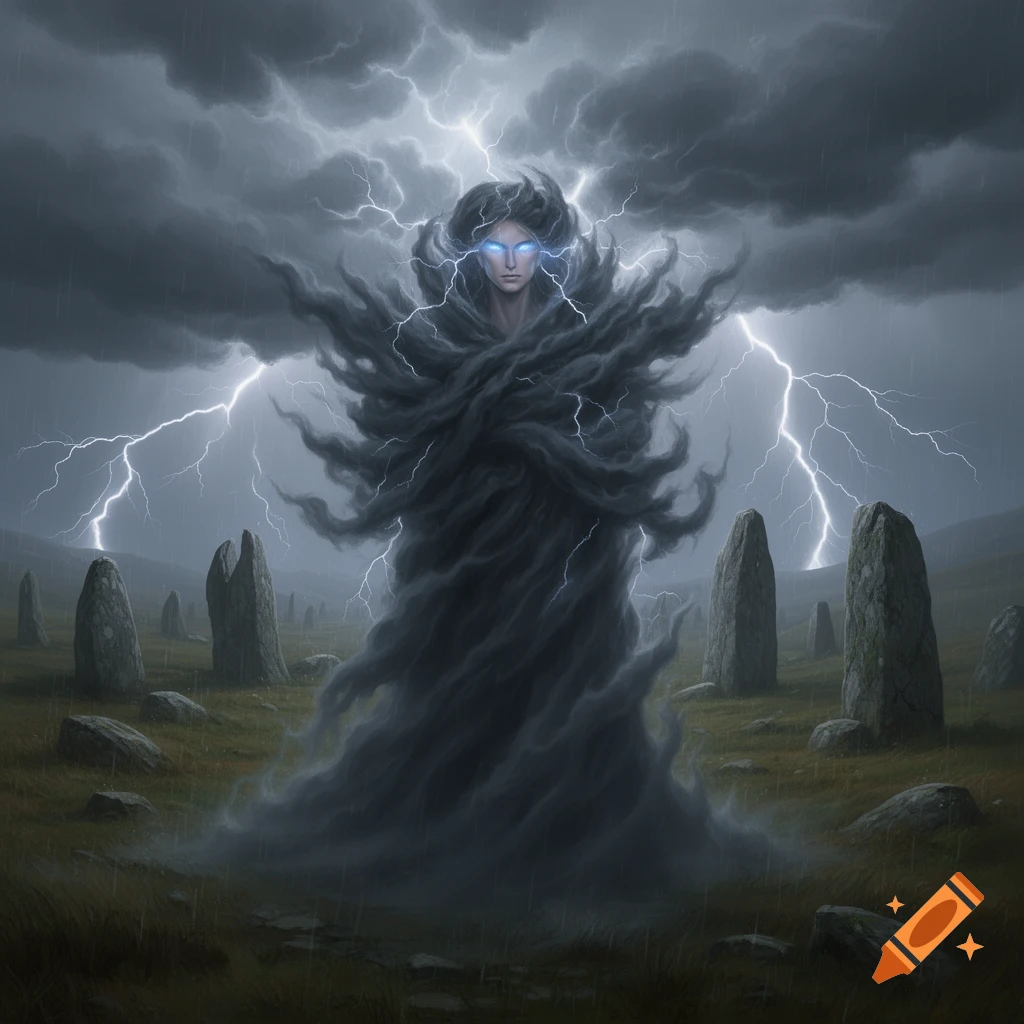 A mythical storm entity with glowing eyes, emerging from dark clouds ...