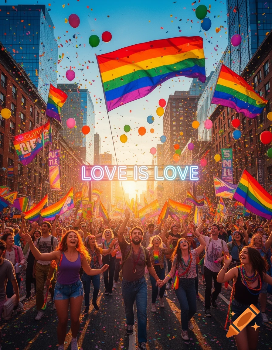 Vibrant photo of a joyful Pride parade in a city street at sunset, with a 'LOVE IS LOVE' neon sign, rainbow flags, balloons, and confetti.