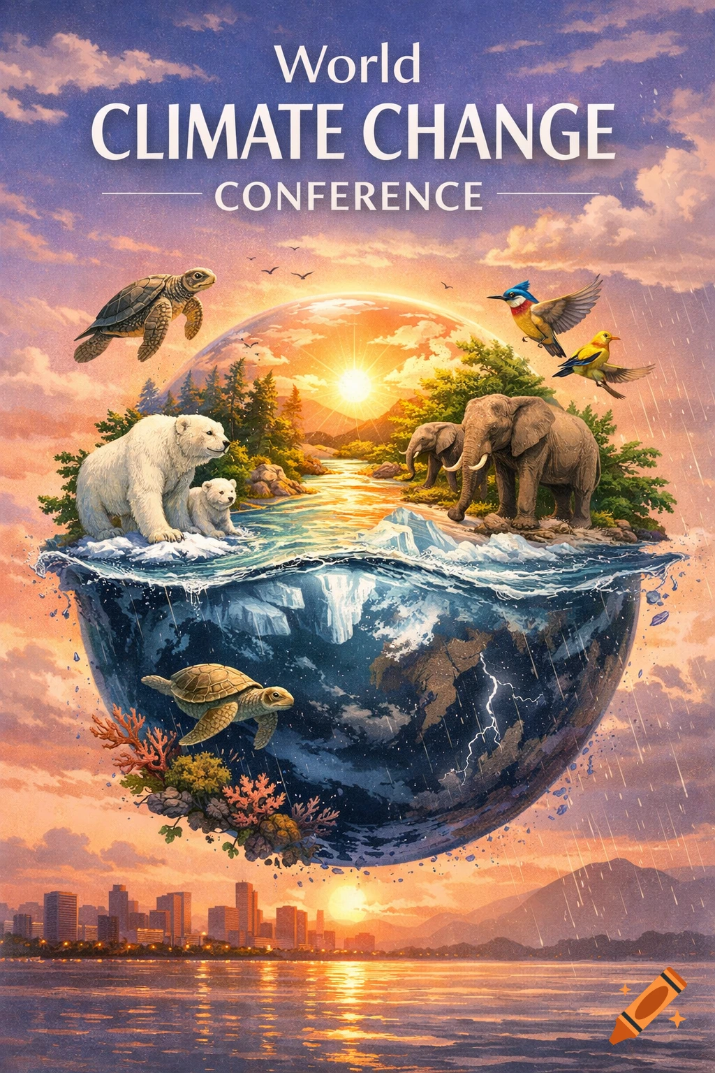 World Climate Change Conference poster with a globe split between lush land and stormy ocean, featuring diverse animals, landscapes, and a city.
