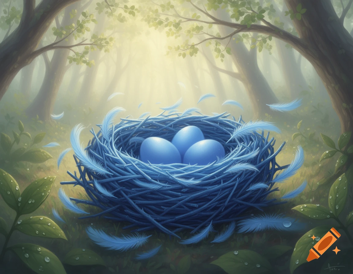 A blue bird's nest with three blue eggs and light blue feathers rests ...