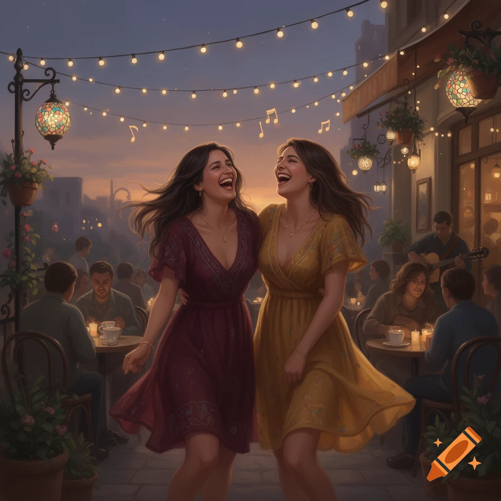 Two joyful women laughing and embracing at an outdoor cafe with string lights and musical notes at dusk.