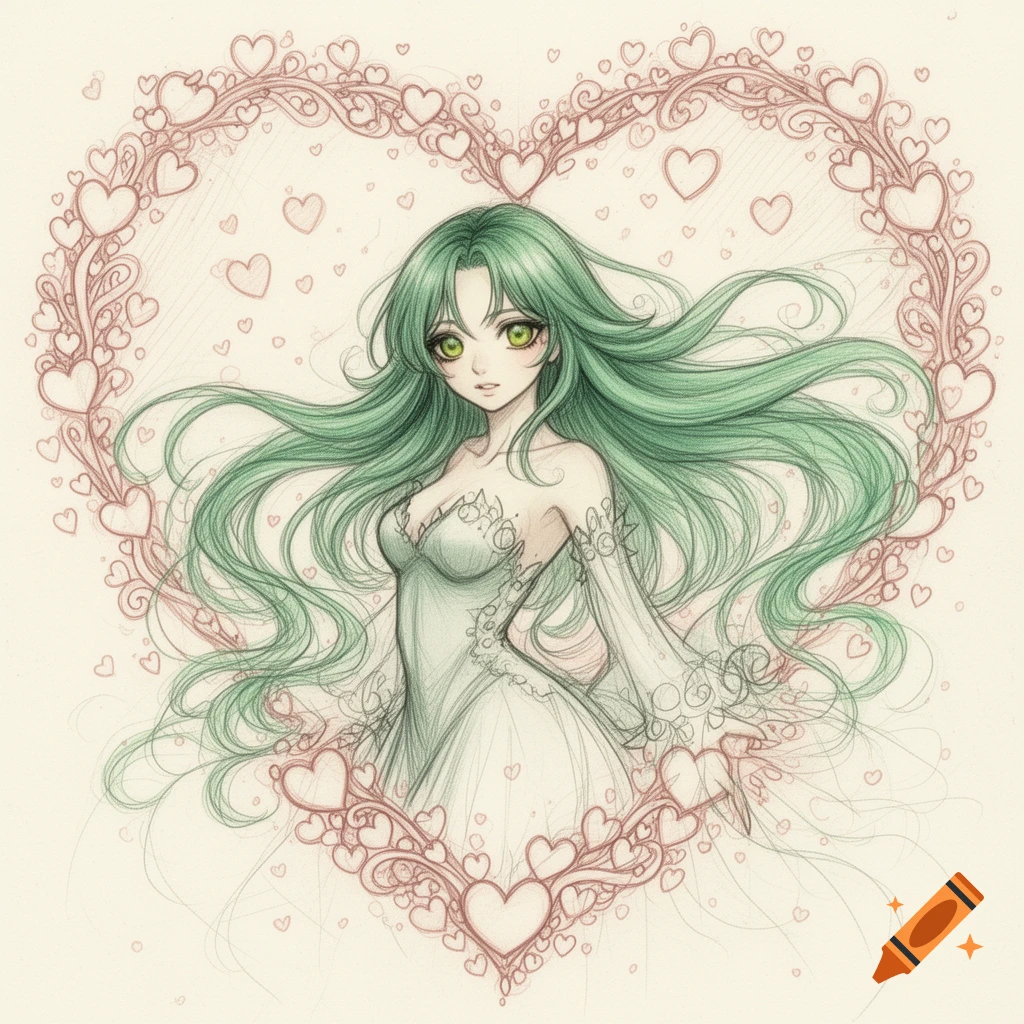 Sketch-style anime girl with long emerald green hair and honey-green eyes in a white dress, framed by a decorative heart.