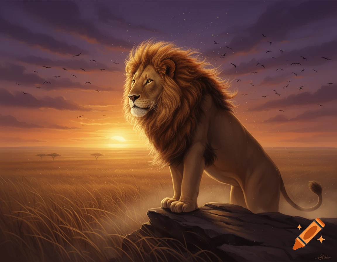 A majestic lion stands on a rock overlooking a savanna at sunset, with birds flying in the vibrant sky.