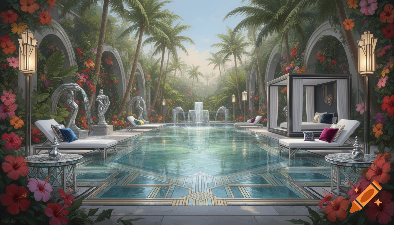 An opulent Art Deco outdoor pool scene with geometric tiles, fountains, lush palm trees, hibiscus, lounge chairs, and cabanas.