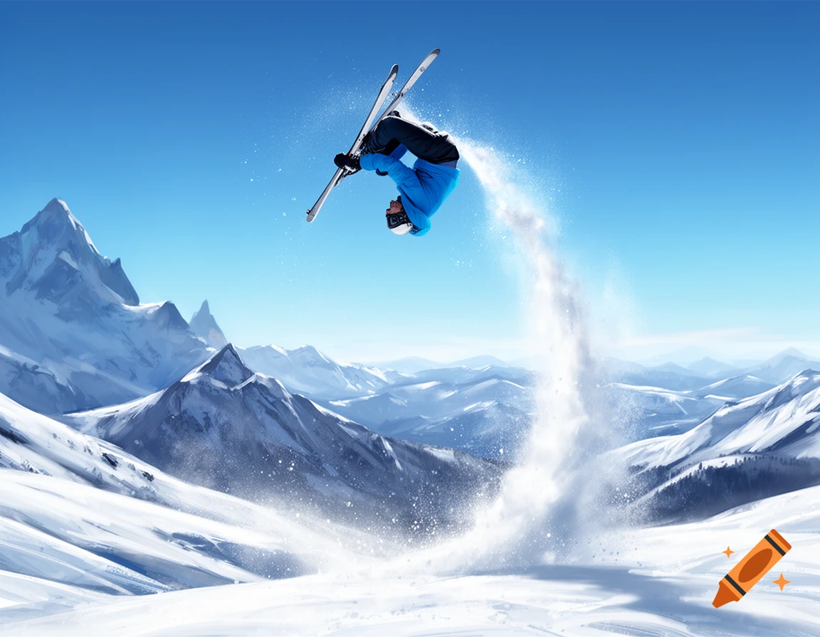 A skier in a blue jacket performs a front flip, kicking up snow against a backdrop of snowy mountains and a clear blue sky.