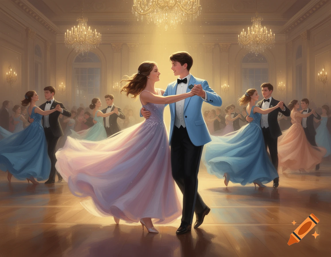 Couples in elegant dresses and suits gracefully dance in a grand ballroom lit by chandeliers.