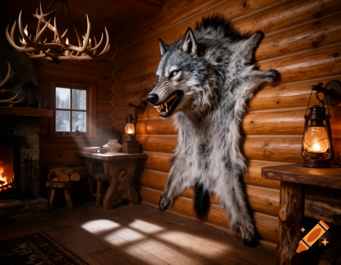 Photorealistic image of a wolf pelt with bared teeth mounted on a rustic log cabin wall, with a fireplace and lanterns.
