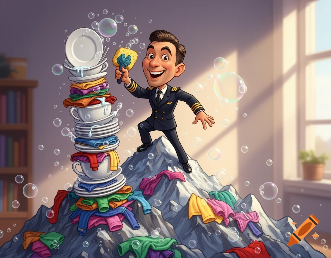 A happy cartoon pilot stands on a mountain of laundry next to a towering stack of dishes, holding a sponge amidst soap bubbles.