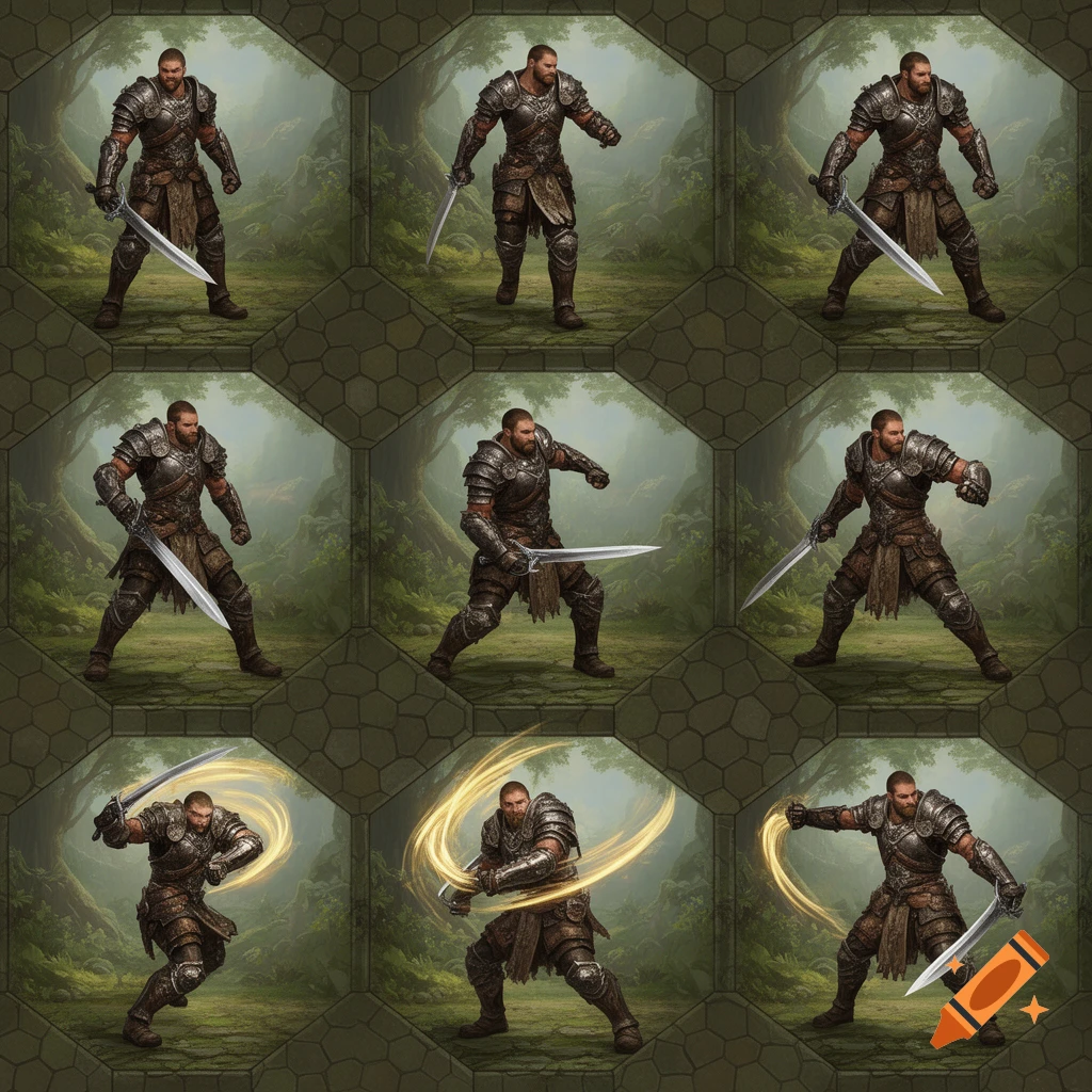 A series of nine realistic fantasy warrior sprites in various poses with a sword, on a hexagonal forest background.