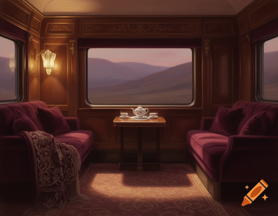 A cozy, luxurious train compartment with two red velvet sofas, a small table with a tea set, and a window view of rolling hills at dusk.