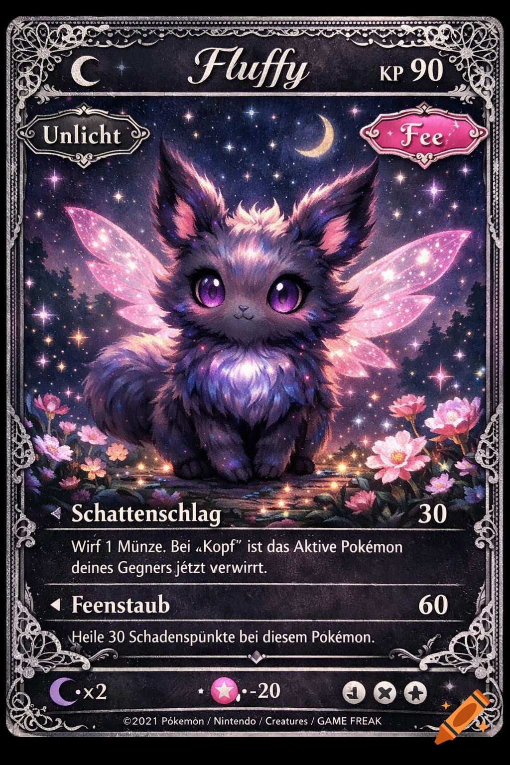 A dark, fluffy, big-eyed creature with glowing pink fairy wings on a fantasy-themed trading card with a starry night background.