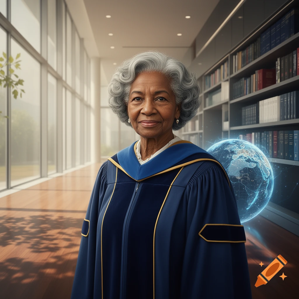Elderly Black woman in a blue academic gown, smiling in a modern hall with bookshelves and a glowing digital globe. Photorealistic.