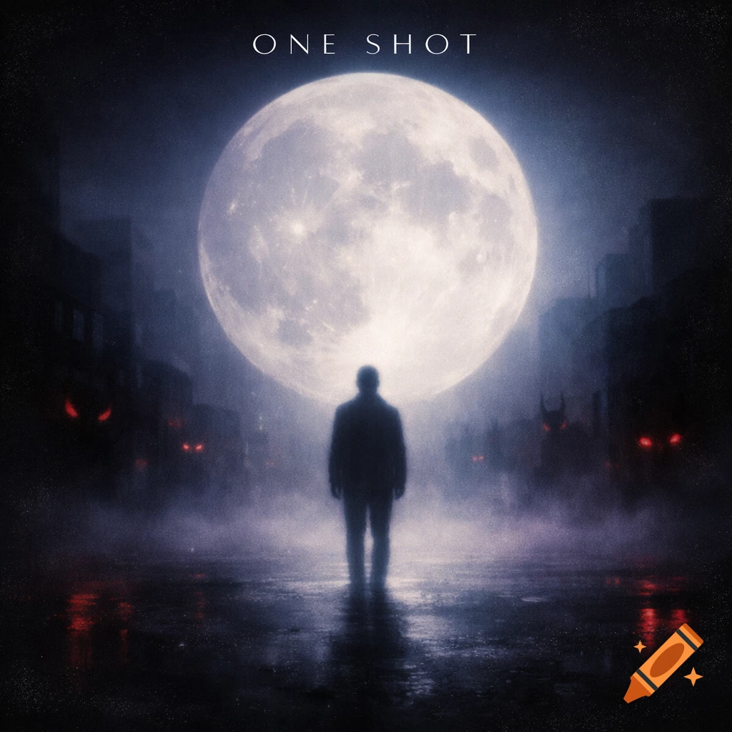 A person stands on a wet street under a huge full moon, surrounded by mist and subtle red-eyed demon figures in a dark city. Text "ONE SHOT" at top.