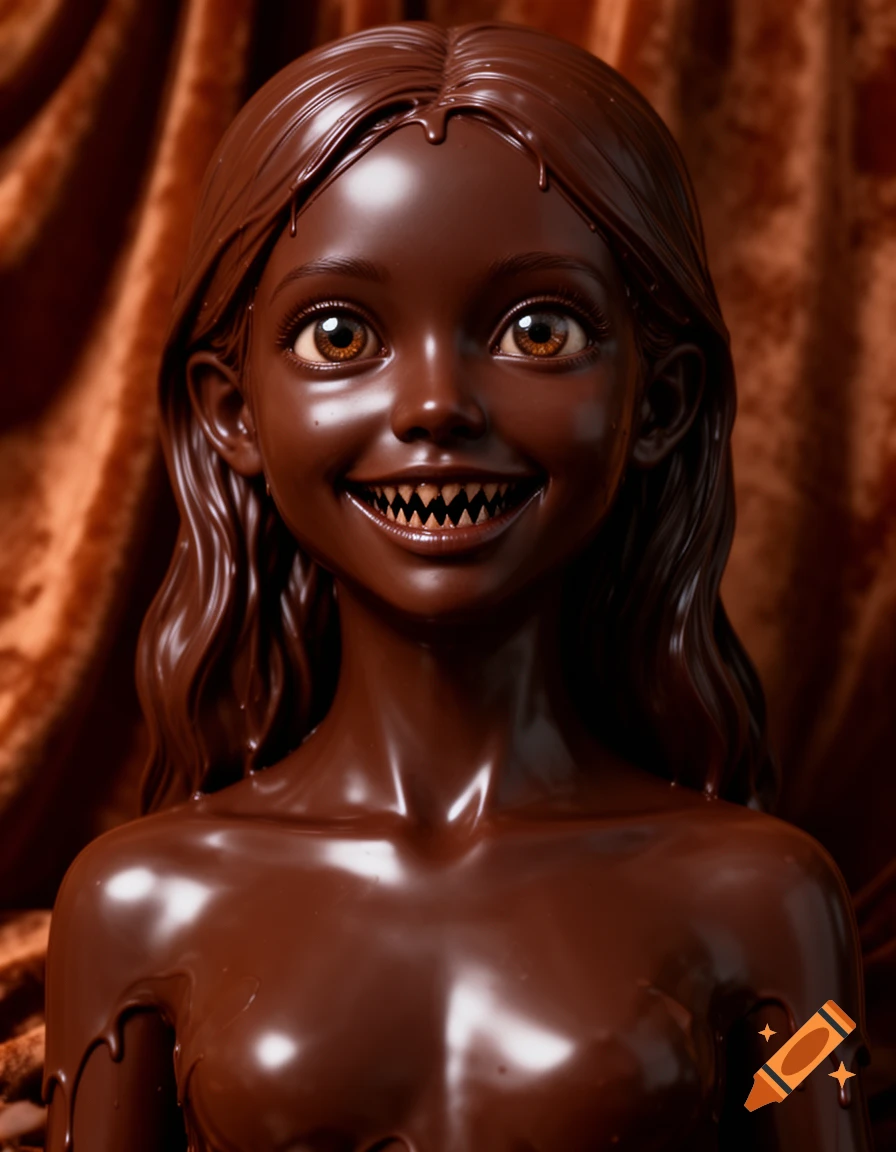 Photorealistic bust of a stylized girl made of dark chocolate, with wide eyes and a sharp-toothed smile, melting slightly.