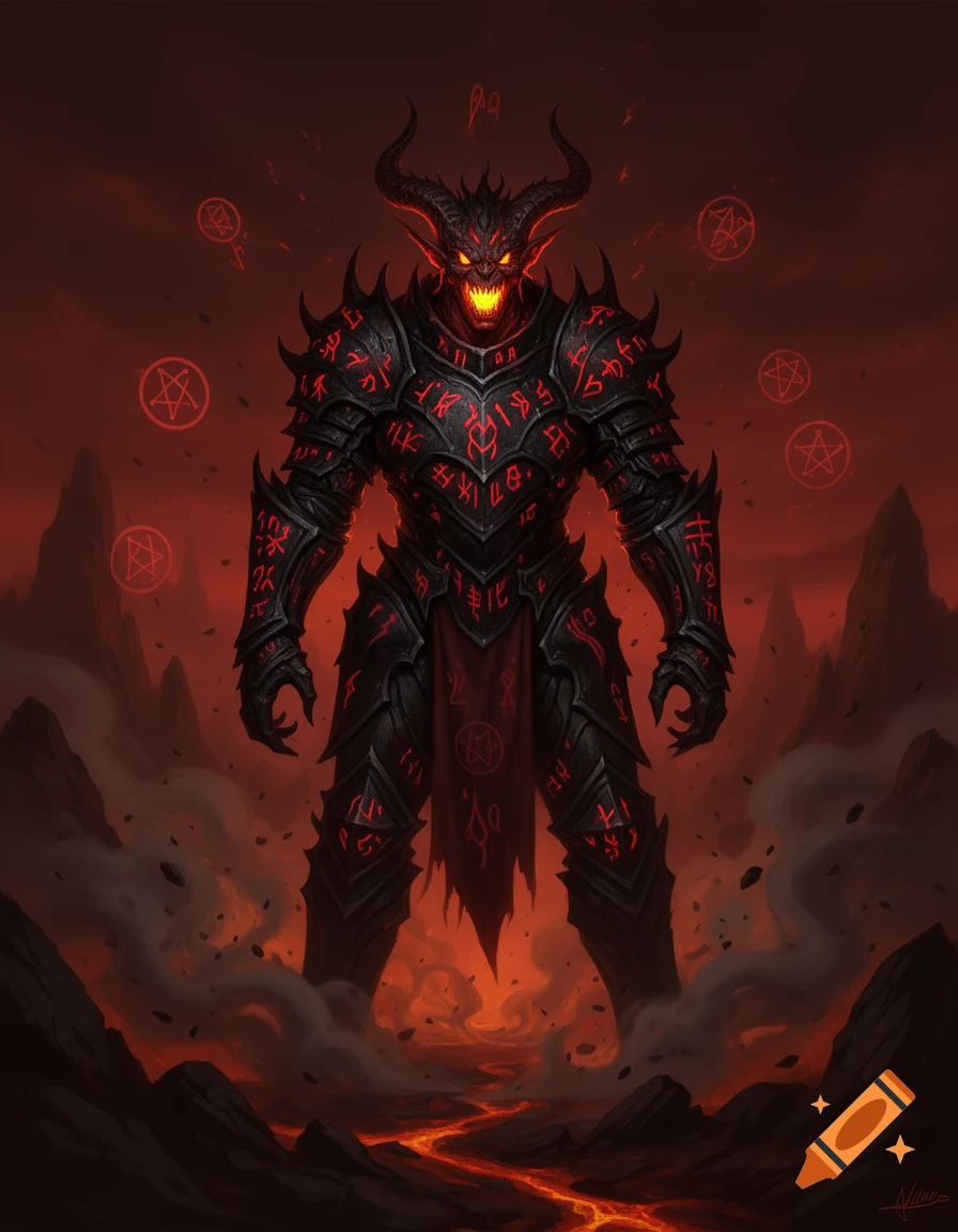A heavily armored demonic figure with glowing red eyes and symbols, standing on a rocky landscape with lava rivers under a red sky. Red pentagrams float around it.