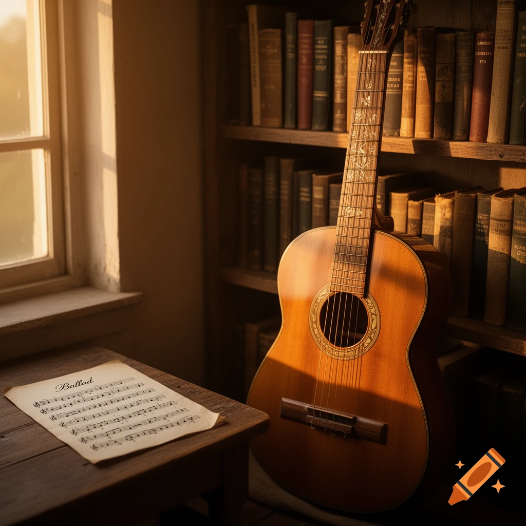 Acoustic guitar leaning against a bookshelf next to a window, with a sheet of music titled 'Ballad' on a wooden table. Photorealistic.