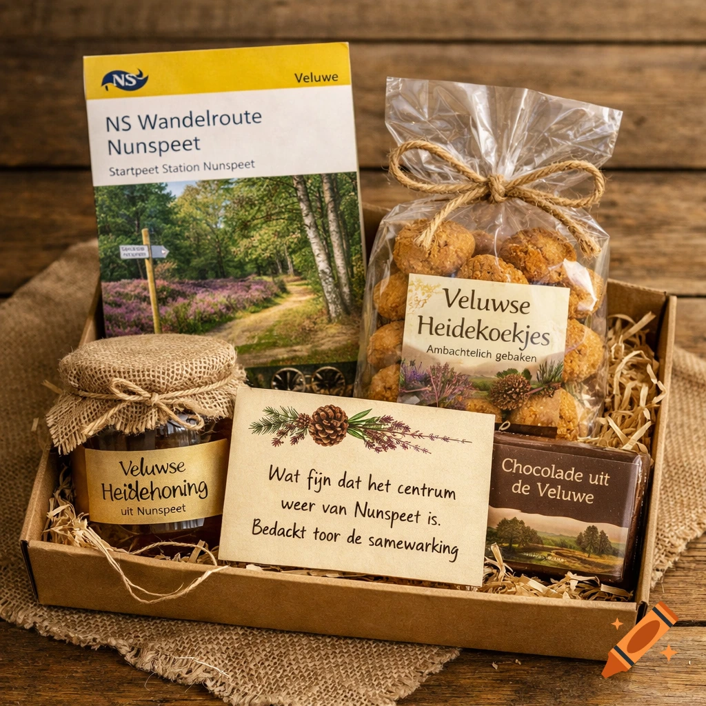 A rustic gift box filled with Dutch products including a hiking map, honey jar, cookie bag, chocolate bar, and a card on a wooden table.