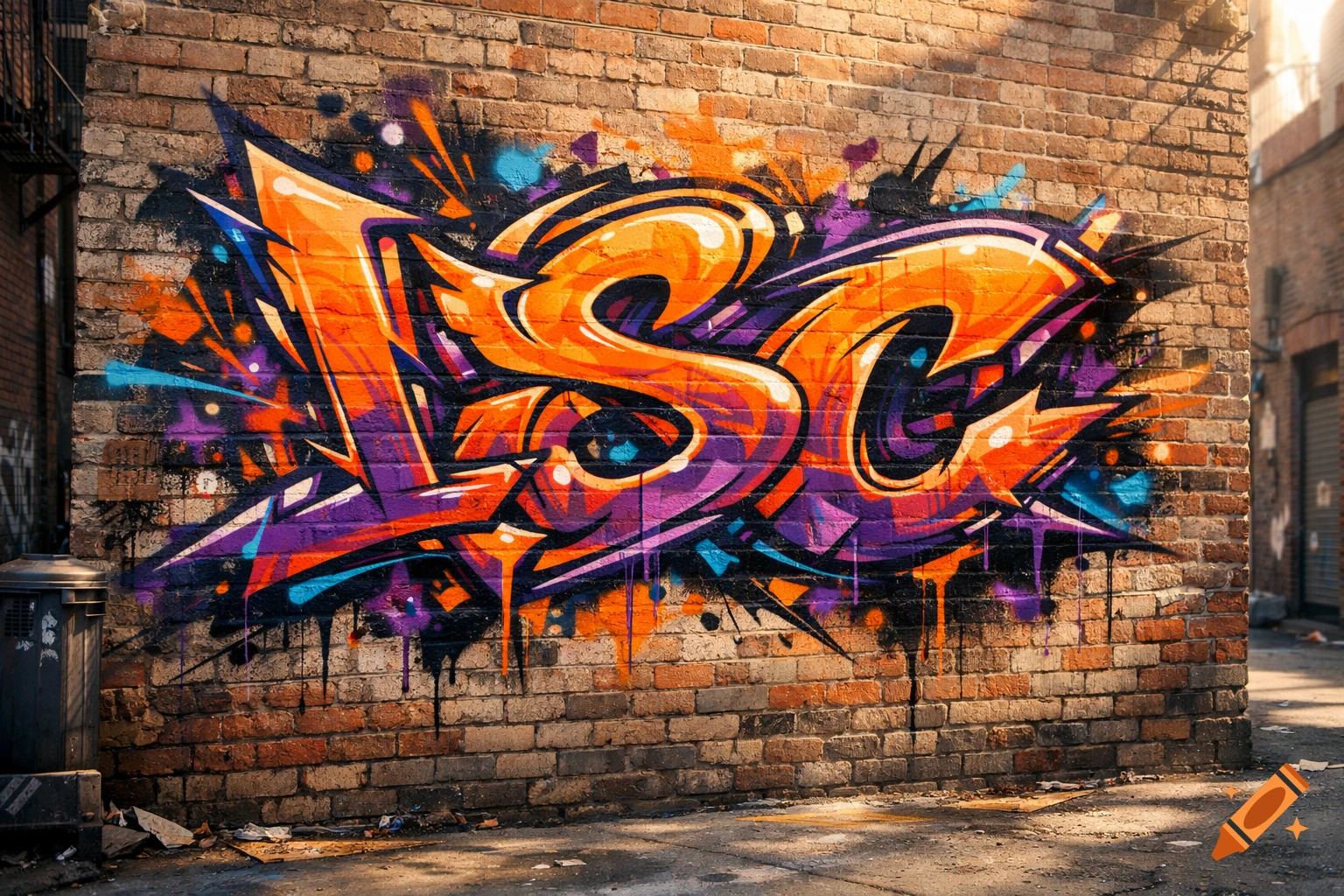 Vibrant wildstyle graffiti art featuring the letters 'ISC' on a weathered brick wall in a sunlit alley.